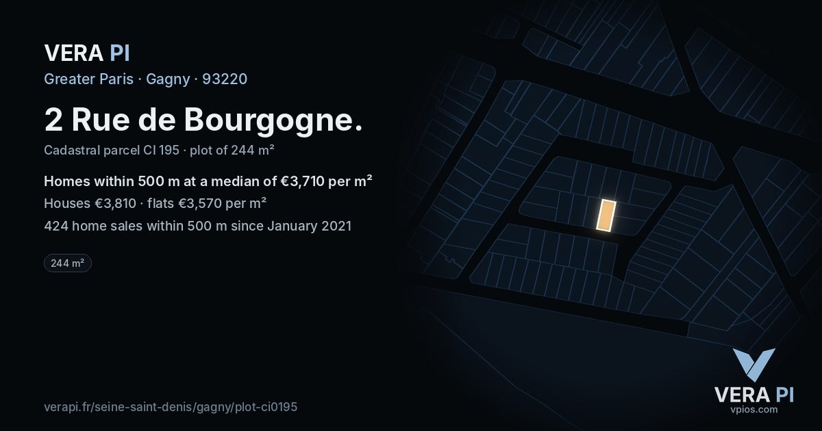 2 Rue de Bourgogne, Gagny at night – the plot lit, the parcels around coloured by the prices near them