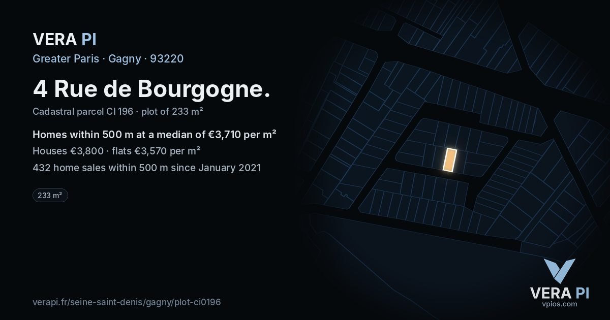 4 Rue de Bourgogne, Gagny at night – the plot lit, the parcels around coloured by the prices near them