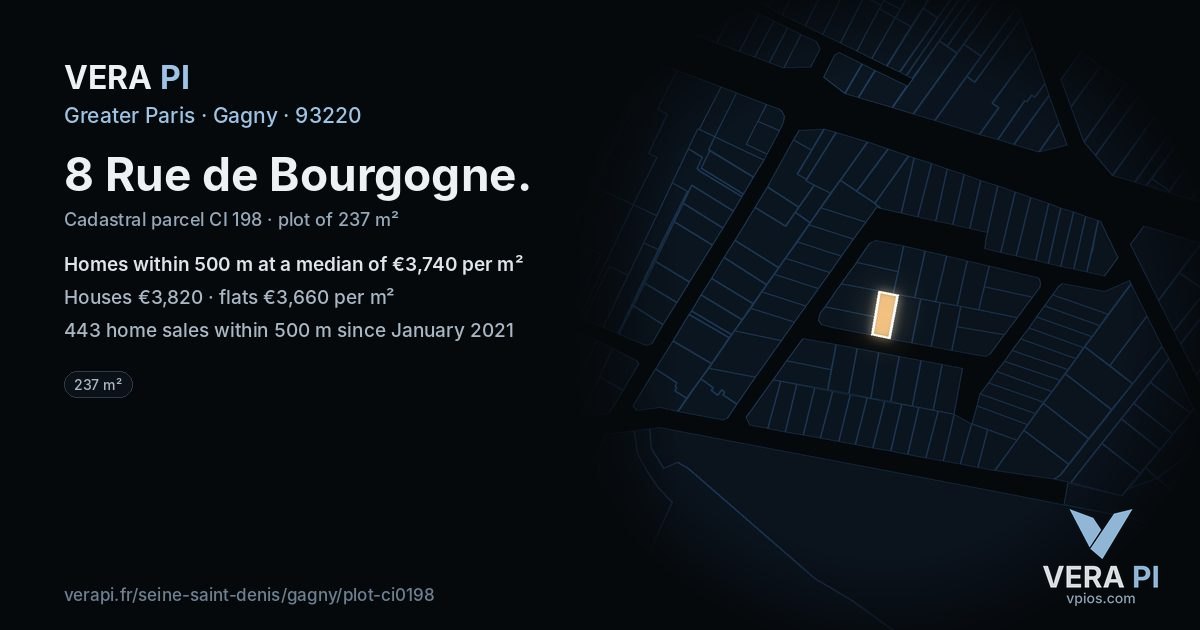 8 Rue de Bourgogne, Gagny at night – the plot lit, the parcels around coloured by the prices near them