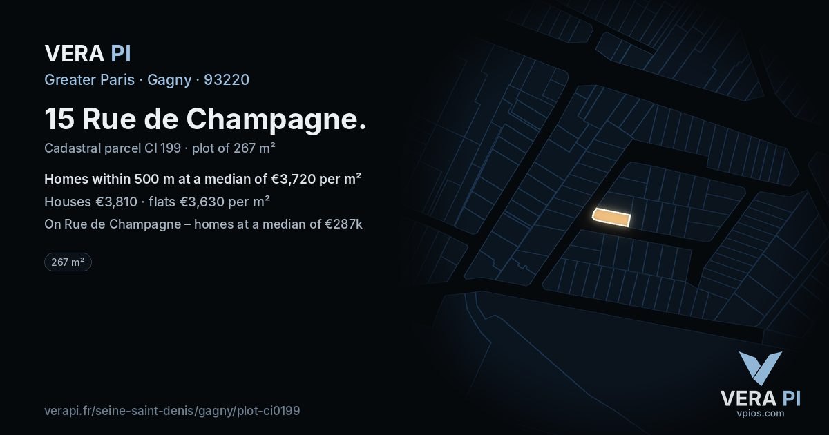 15 Rue de Champagne, Gagny at night – the plot lit, the parcels around coloured by the prices near them