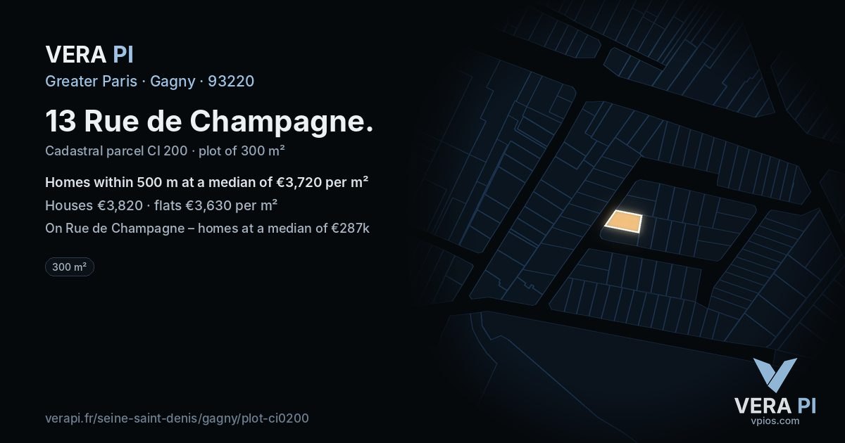 13 Rue de Champagne, Gagny at night – the plot lit, the parcels around coloured by the prices near them