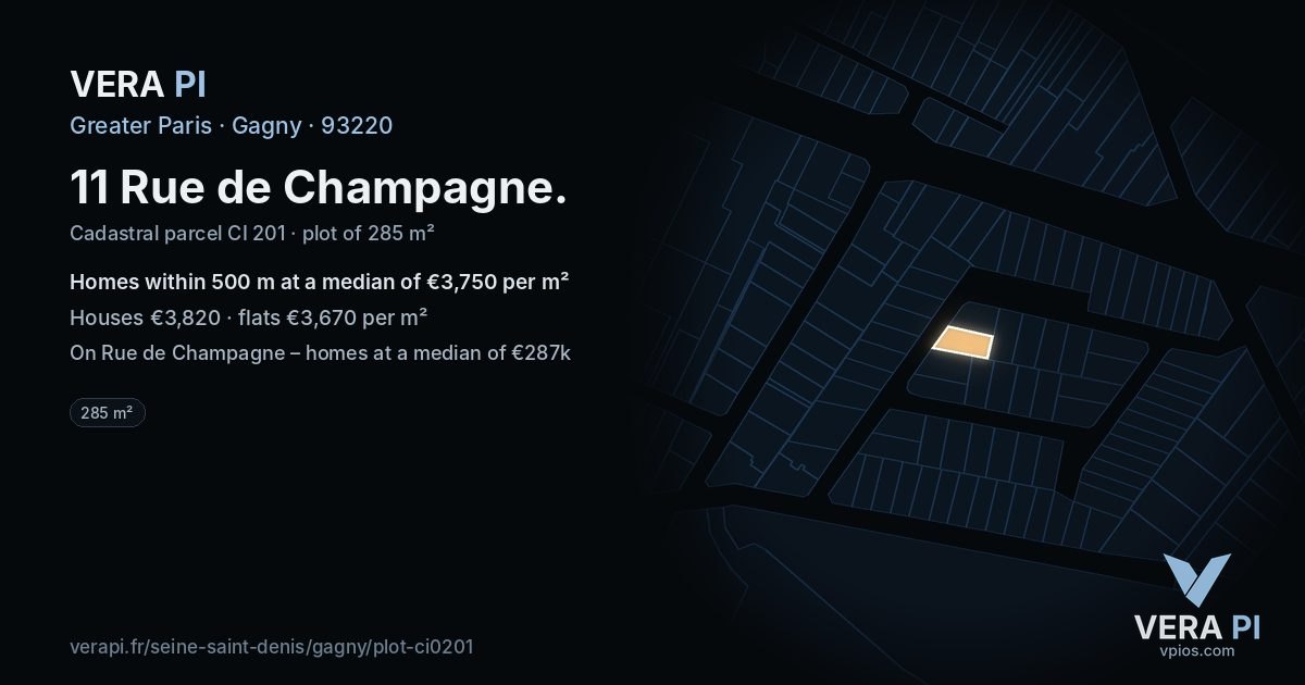 11 Rue de Champagne, Gagny at night – the plot lit, the parcels around coloured by the prices near them