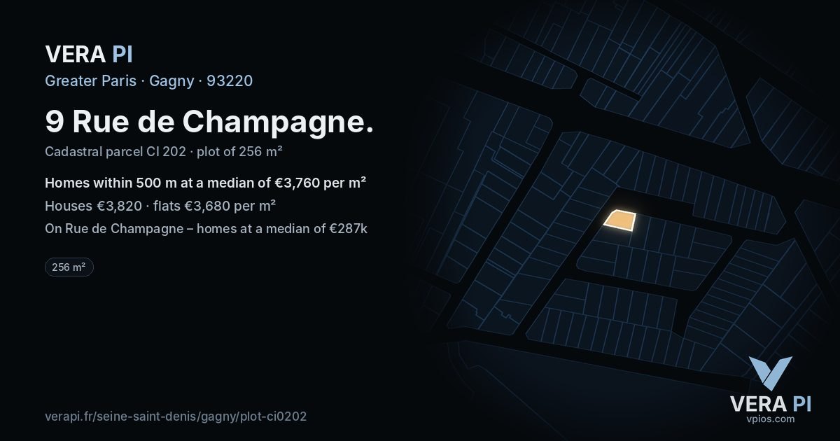 9 Rue de Champagne, Gagny at night – the plot lit, the parcels around coloured by the prices near them