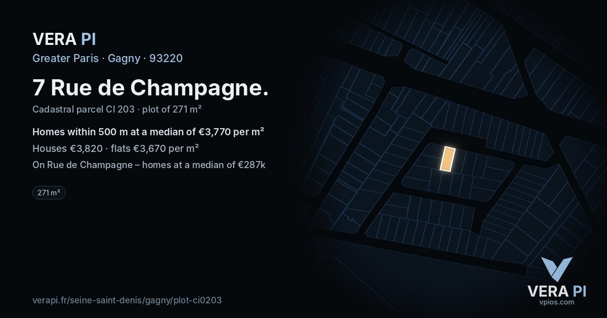 7 Rue de Champagne, Gagny at night – the plot lit, the parcels around coloured by the prices near them