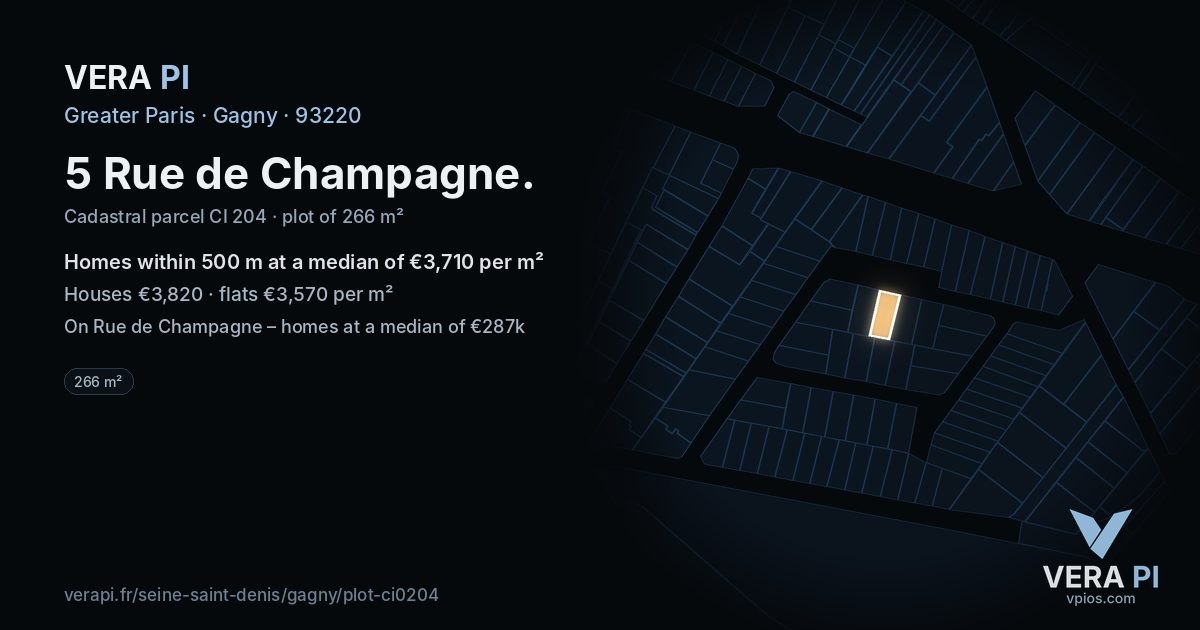 5 Rue de Champagne, Gagny at night – the plot lit, the parcels around coloured by the prices near them