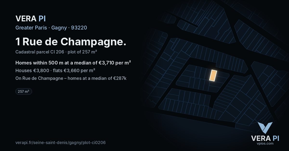 1 Rue de Champagne, Gagny at night – the plot lit, the parcels around coloured by the prices near them