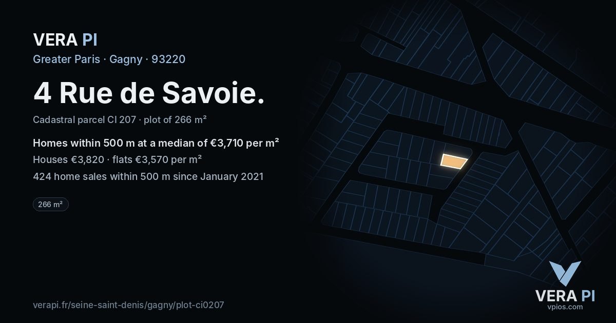 4 Rue de Savoie, Gagny at night – the plot lit, the parcels around coloured by the prices near them