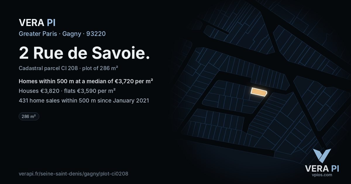 2 Rue de Savoie, Gagny at night – the plot lit, the parcels around coloured by the prices near them
