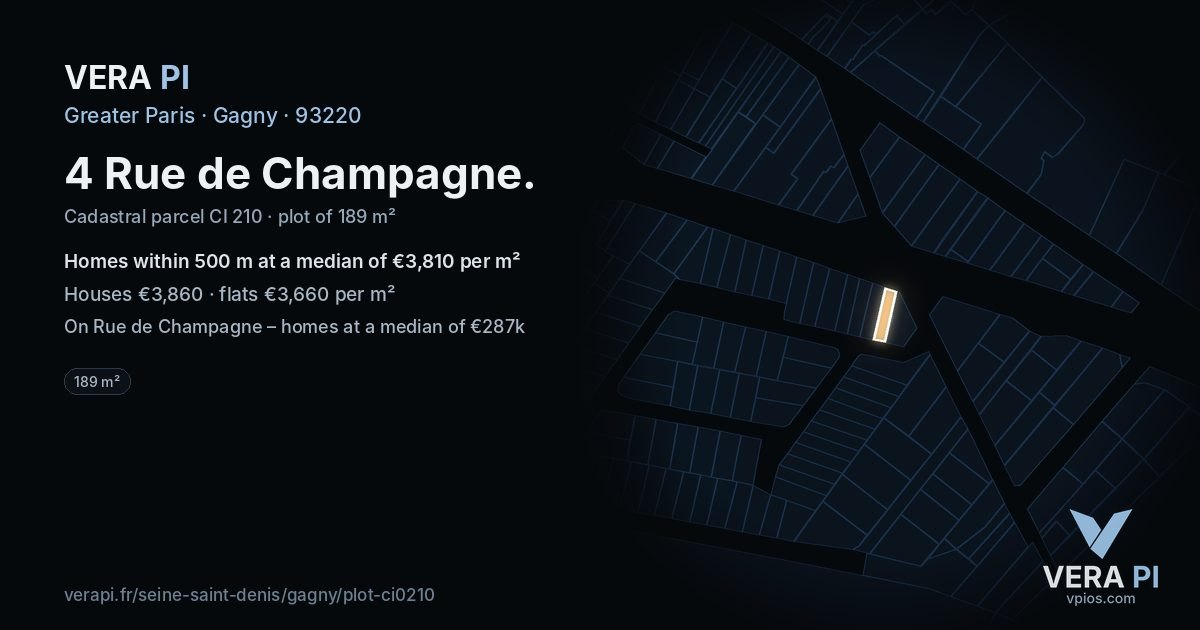 4 Rue de Champagne, Gagny at night – the plot lit, the parcels around coloured by the prices near them