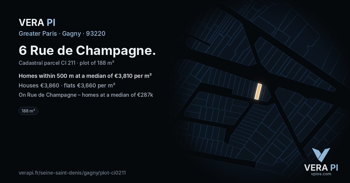 6 Rue de Champagne, Gagny at night – the plot lit, the parcels around coloured by the prices near them