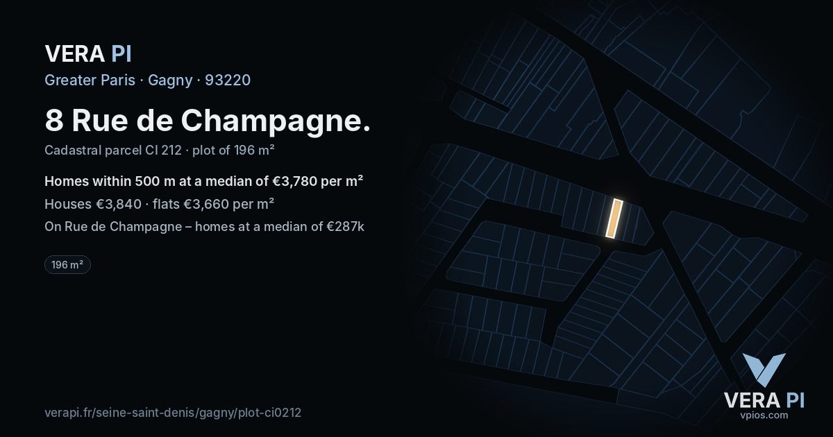 8 Rue de Champagne, Gagny at night – the plot lit, the parcels around coloured by the prices near them