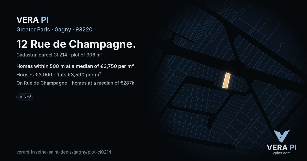 12 Rue de Champagne, Gagny at night – the plot lit, the parcels around coloured by the prices near them