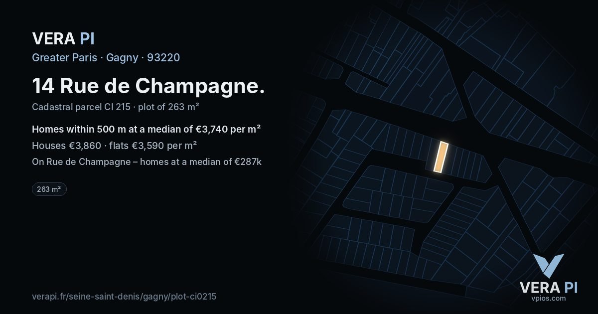 14 Rue de Champagne, Gagny at night – the plot lit, the parcels around coloured by the prices near them