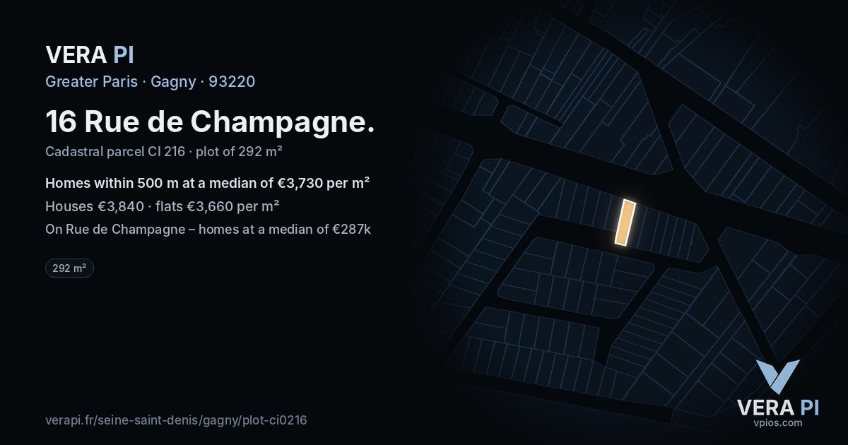 16 Rue de Champagne, Gagny at night – the plot lit, the parcels around coloured by the prices near them