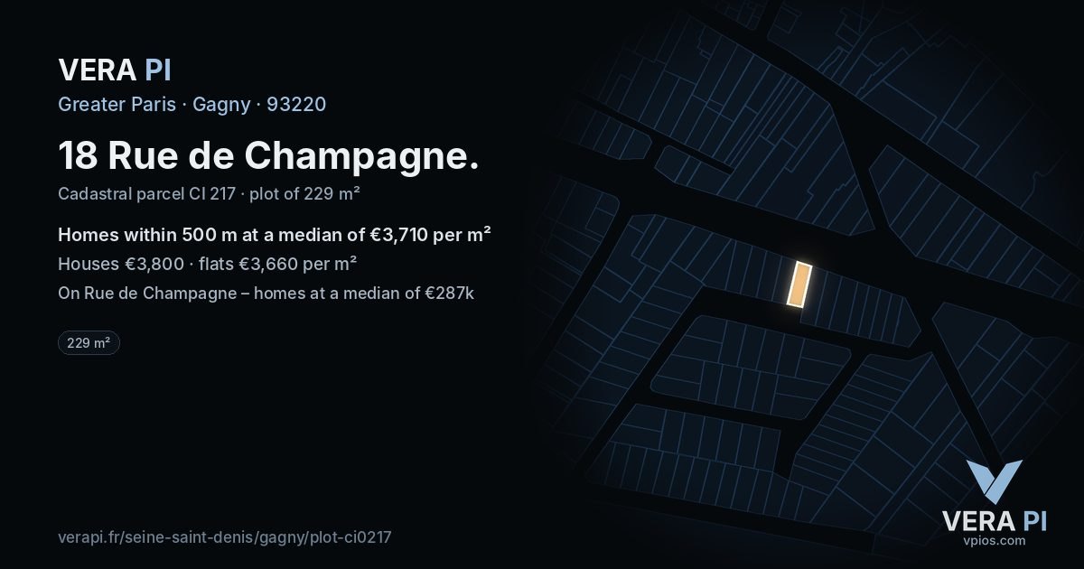 18 Rue de Champagne, Gagny at night – the plot lit, the parcels around coloured by the prices near them