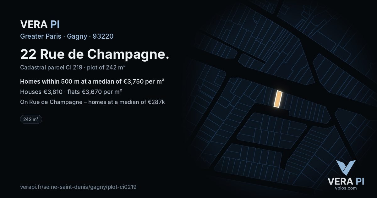 22 Rue de Champagne, Gagny at night – the plot lit, the parcels around coloured by the prices near them
