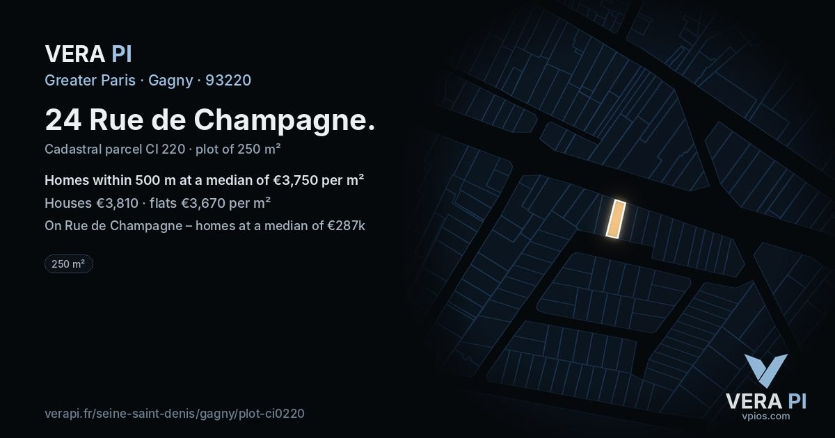 24 Rue de Champagne, Gagny at night – the plot lit, the parcels around coloured by the prices near them