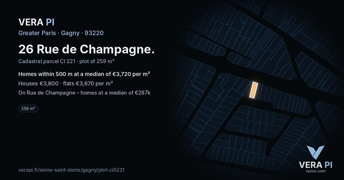 26 Rue de Champagne, Gagny at night – the plot lit, the parcels around coloured by the prices near them