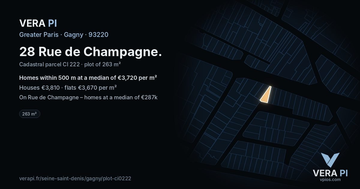 28 Rue de Champagne, Gagny at night – the plot lit, the parcels around coloured by the prices near them