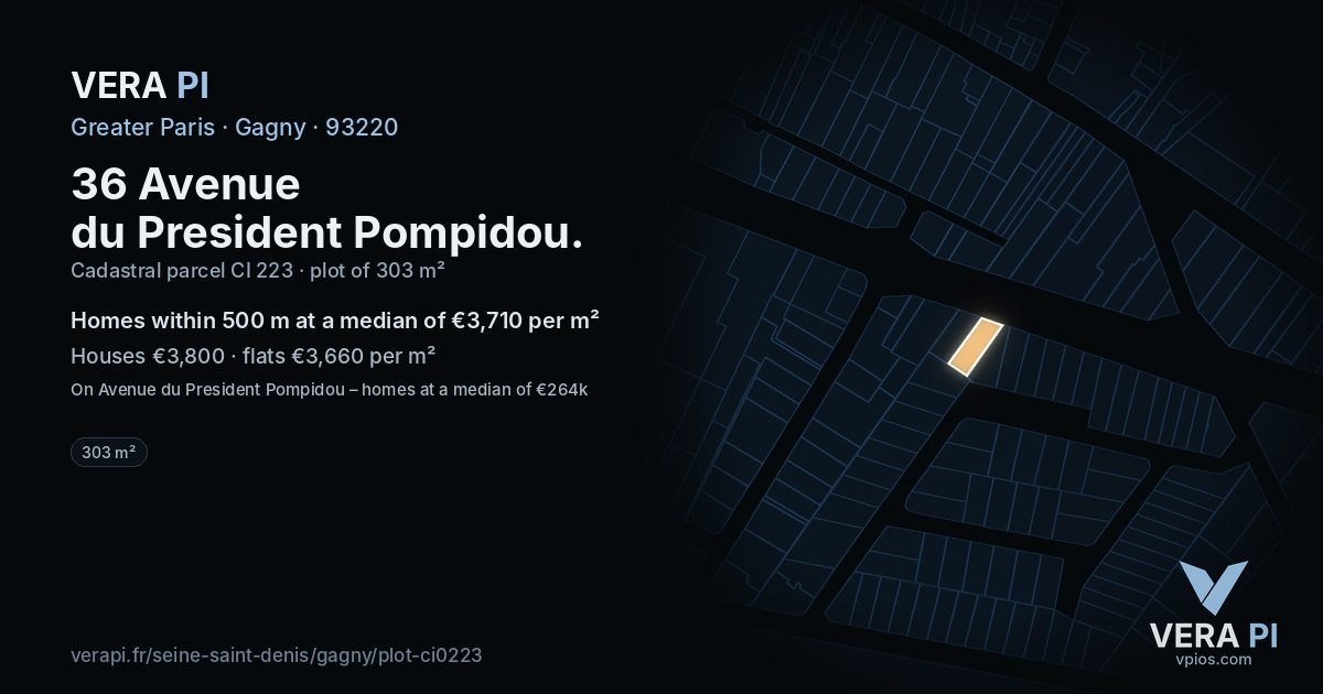36 Avenue du President Pompidou, Gagny at night – the plot lit, the parcels around coloured by the prices near them