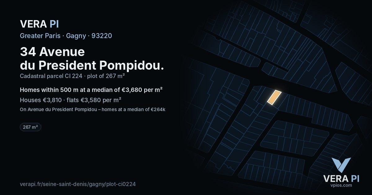 34 Avenue du President Pompidou, Gagny at night – the plot lit, the parcels around coloured by the prices near them