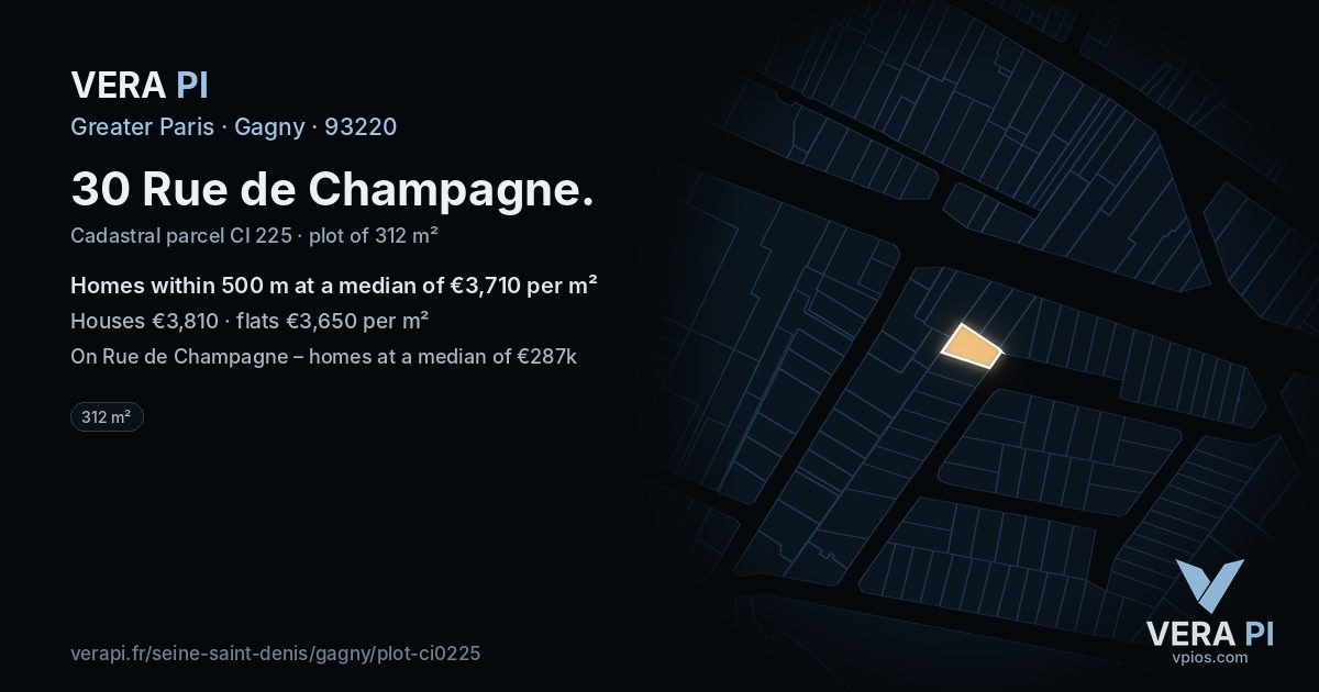 30 Rue de Champagne, Gagny at night – the plot lit, the parcels around coloured by the prices near them