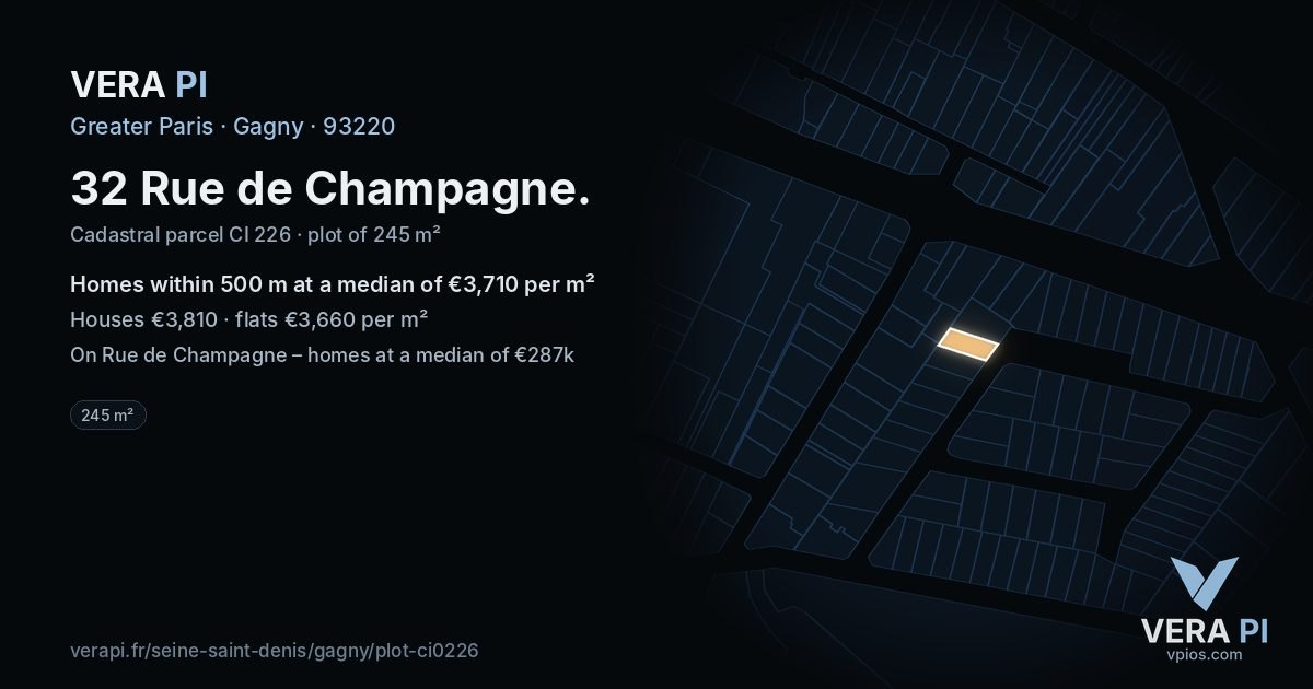 32 Rue de Champagne, Gagny at night – the plot lit, the parcels around coloured by the prices near them