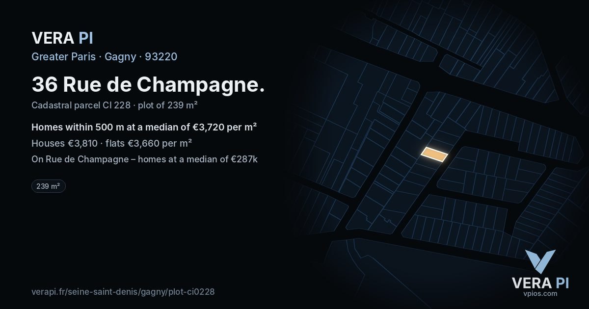 36 Rue de Champagne, Gagny at night – the plot lit, the parcels around coloured by the prices near them