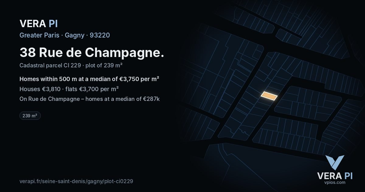 38 Rue de Champagne, Gagny at night – the plot lit, the parcels around coloured by the prices near them