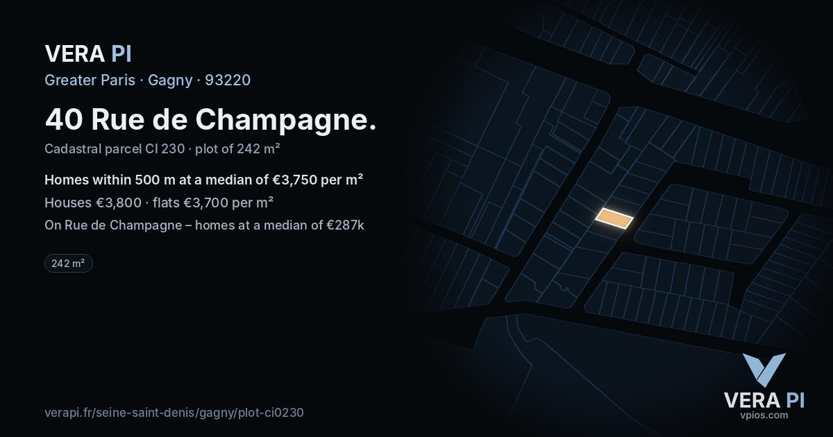 40 Rue de Champagne, Gagny at night – the plot lit, the parcels around coloured by the prices near them