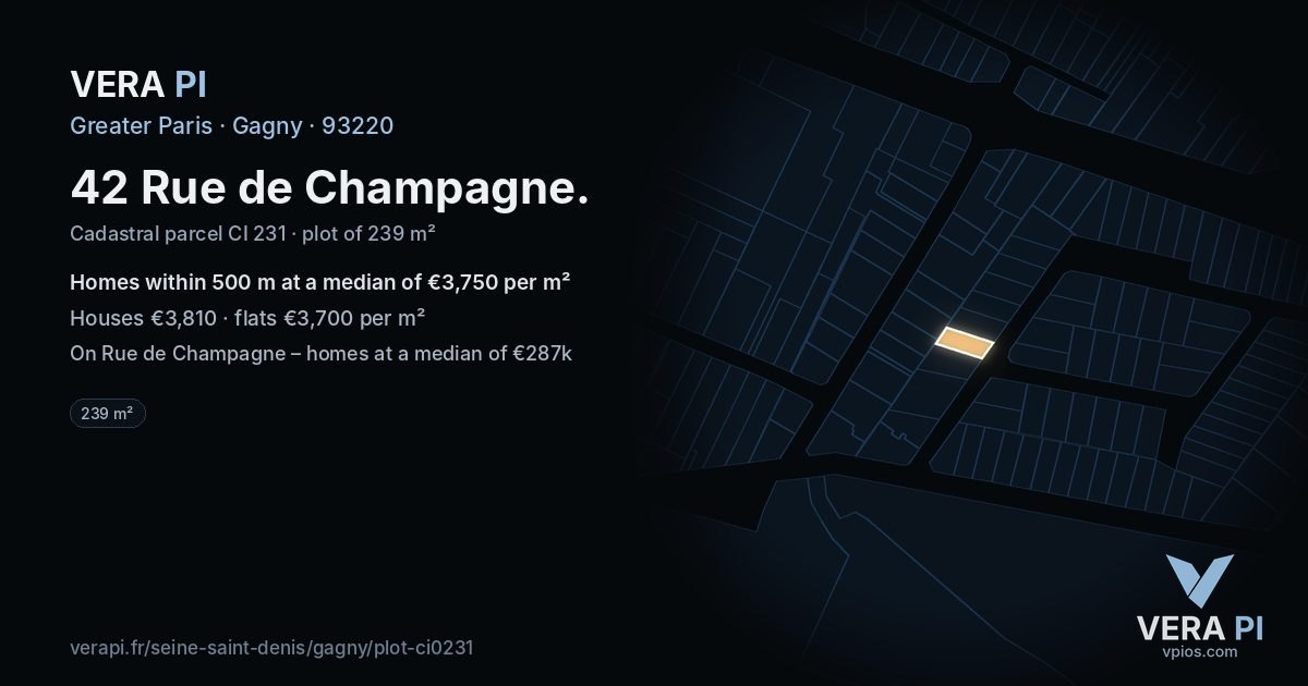 42 Rue de Champagne, Gagny at night – the plot lit, the parcels around coloured by the prices near them