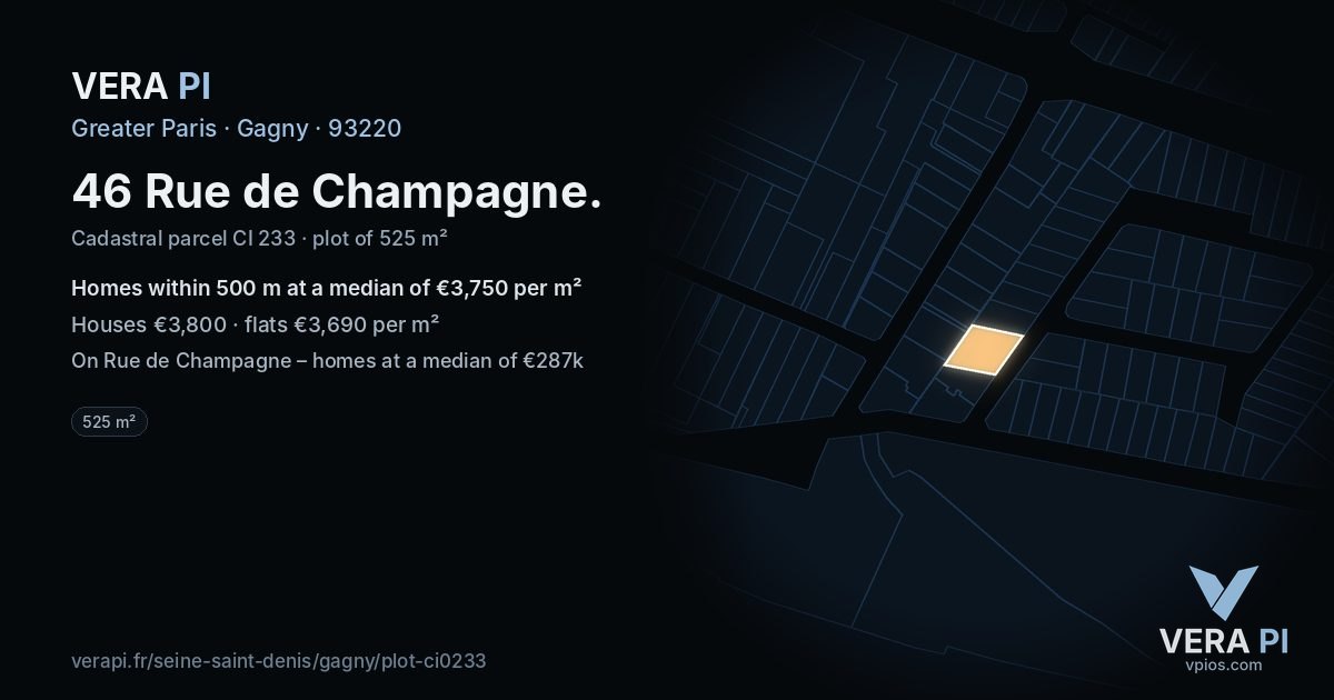 46 Rue de Champagne, Gagny at night – the plot lit, the parcels around coloured by the prices near them