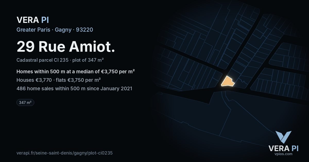 29 Rue Amiot, Gagny at night – the plot lit, the parcels around coloured by the prices near them