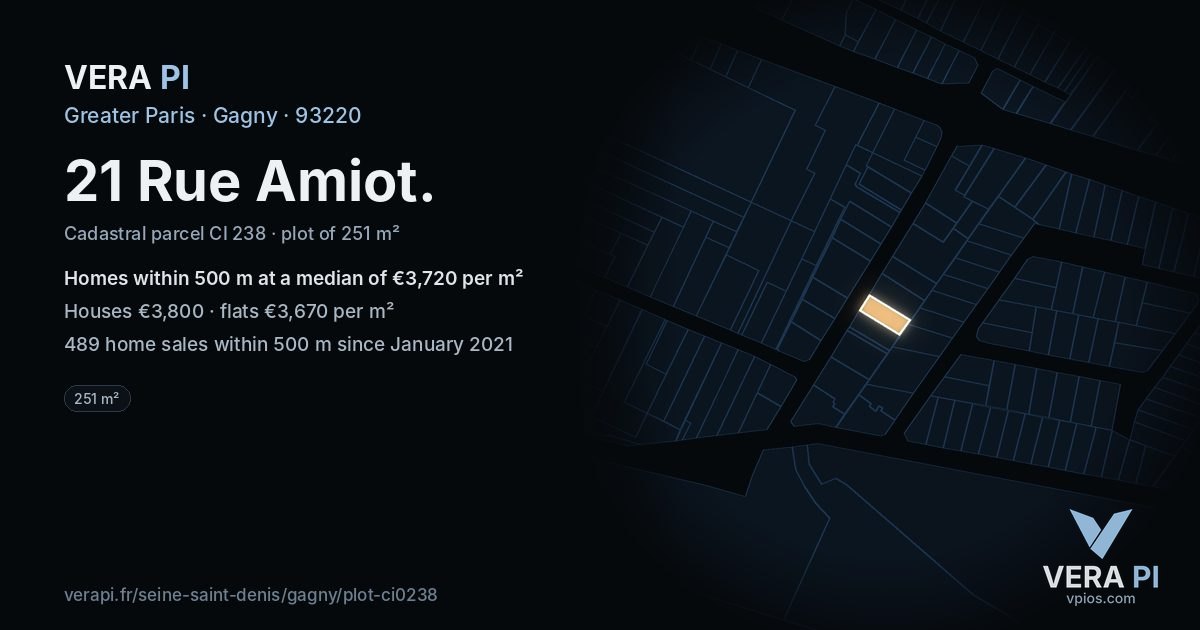 21 Rue Amiot, Gagny at night – the plot lit, the parcels around coloured by the prices near them