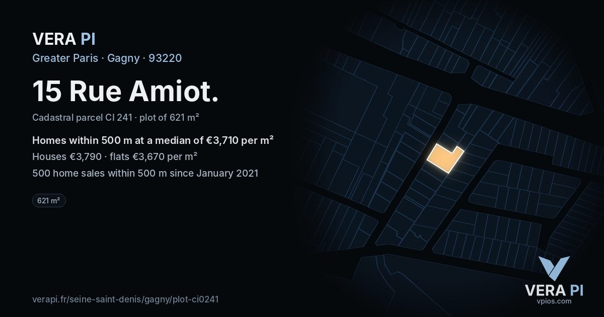 15 Rue Amiot, Gagny at night – the plot lit, the parcels around coloured by the prices near them