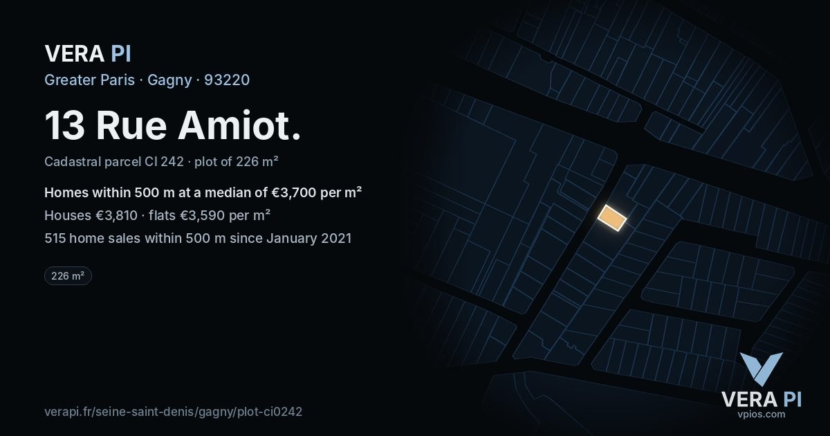 13 Rue Amiot, Gagny at night – the plot lit, the parcels around coloured by the prices near them