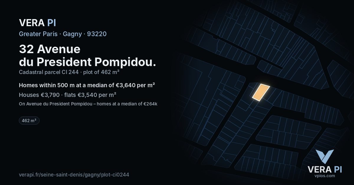 32 Avenue du President Pompidou, Gagny at night – the plot lit, the parcels around coloured by the prices near them