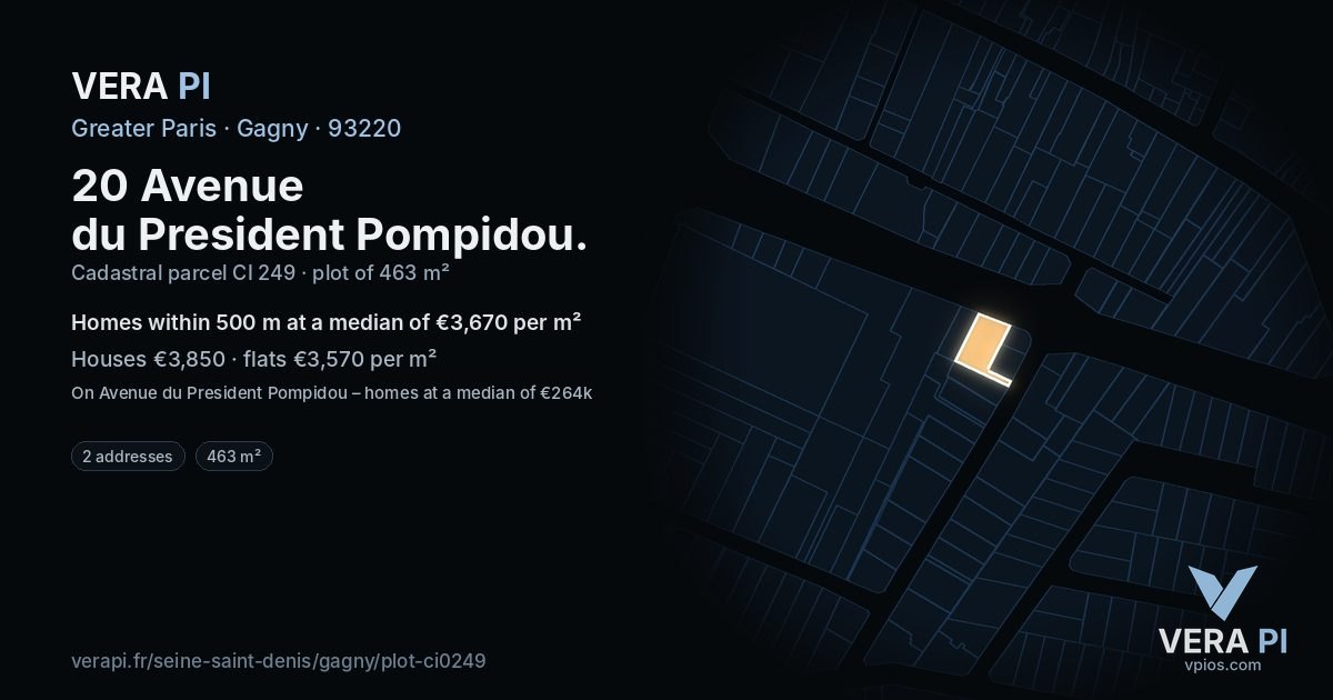 20 Avenue du President Pompidou, Gagny at night – the plot lit, the parcels around coloured by the prices near them