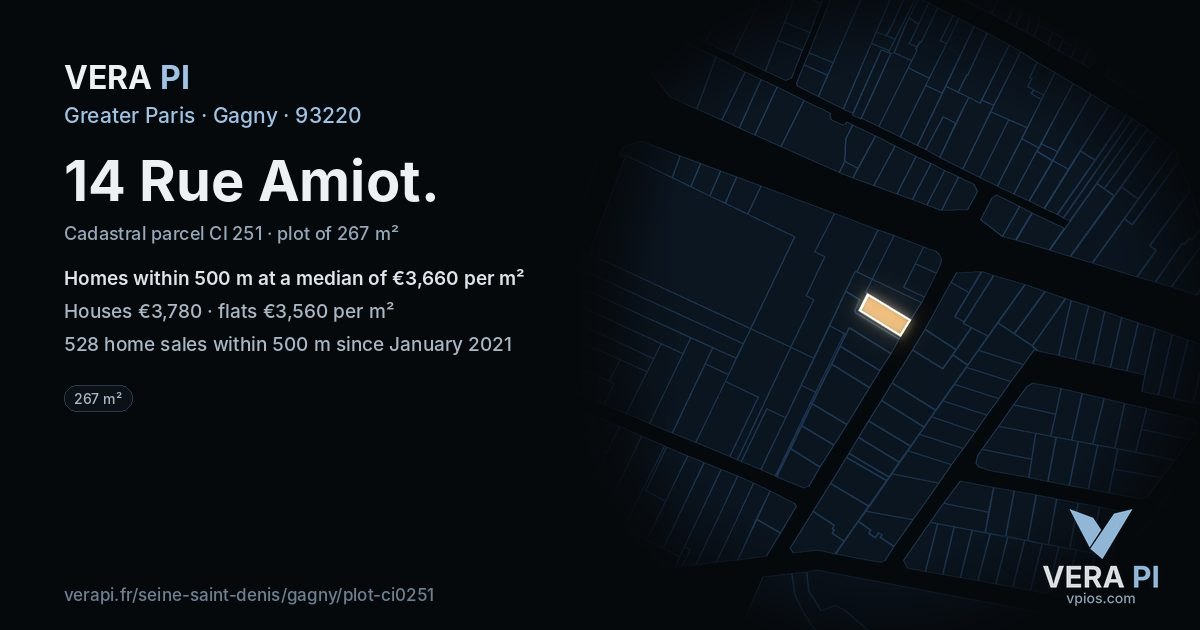 14 Rue Amiot, Gagny at night – the plot lit, the parcels around coloured by the prices near them