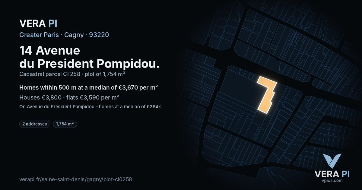 14 Avenue du President Pompidou, Gagny at night – the plot lit, the parcels around coloured by the prices near them
