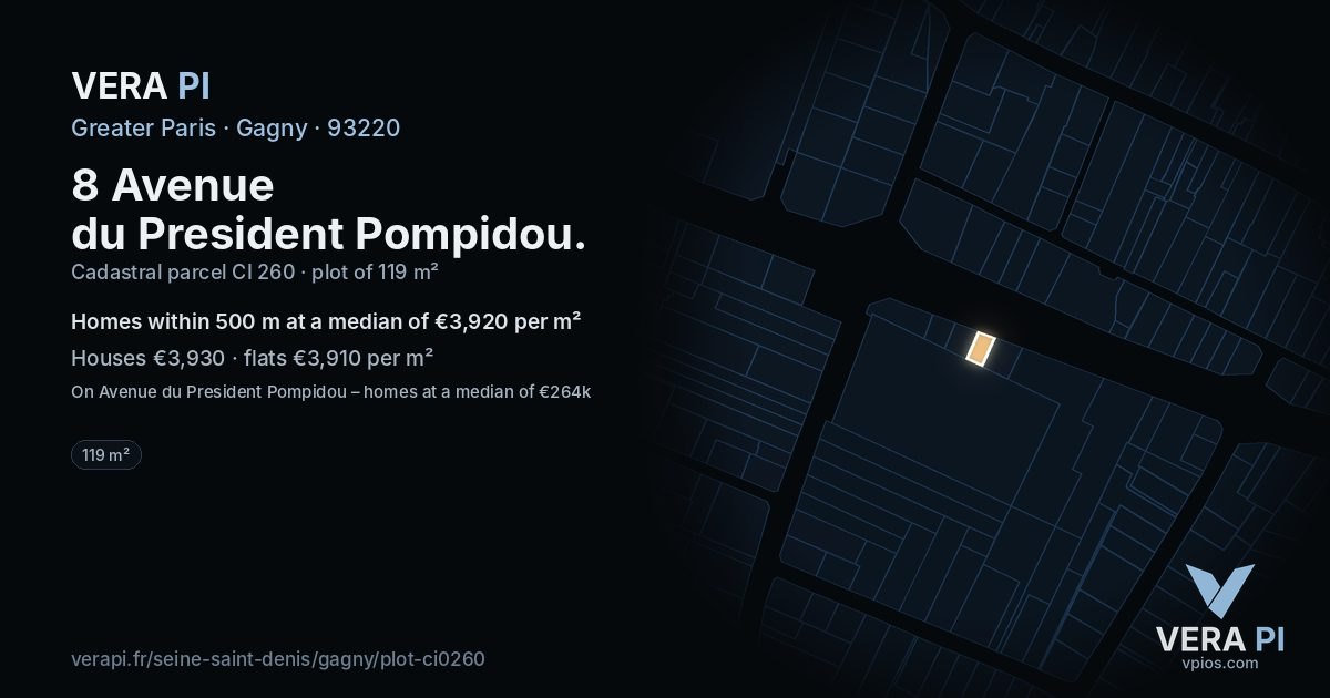 8 Avenue du President Pompidou, Gagny at night – the plot lit, the parcels around coloured by the prices near them