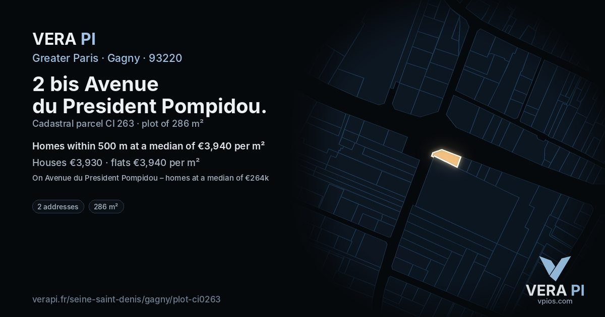 2 bis Avenue du President Pompidou, Gagny at night – the plot lit, the parcels around coloured by the prices near them