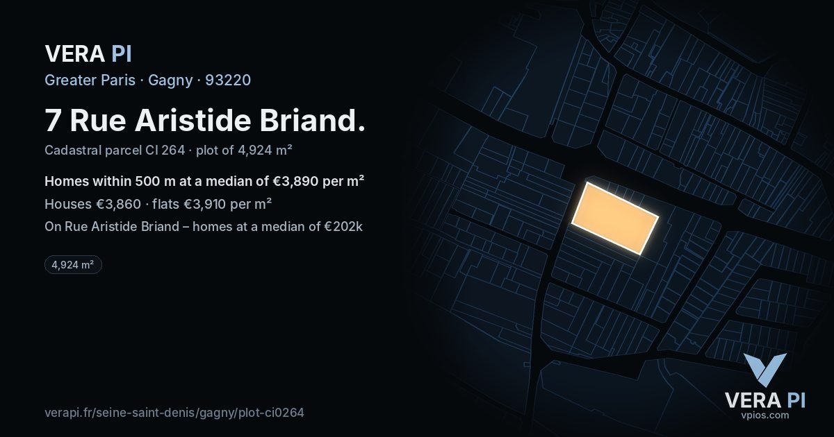 7 Rue Aristide Briand, Gagny at night – the plot lit, the parcels around coloured by the prices near them