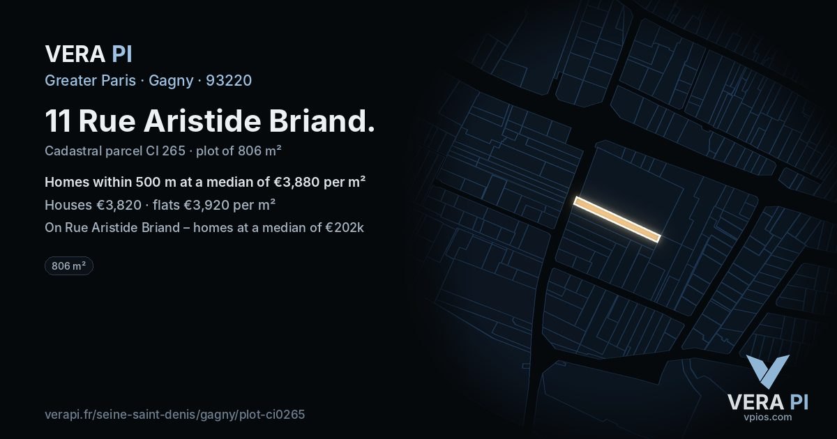11 Rue Aristide Briand, Gagny at night – the plot lit, the parcels around coloured by the prices near them