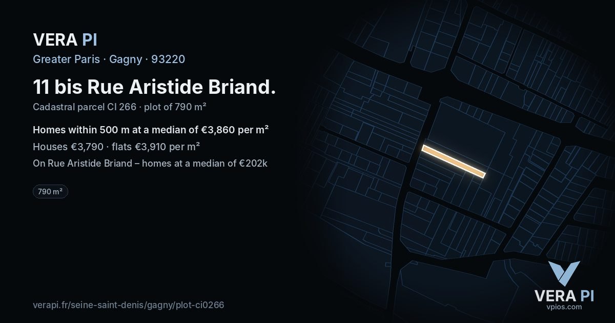 11 bis Rue Aristide Briand, Gagny at night – the plot lit, the parcels around coloured by the prices near them