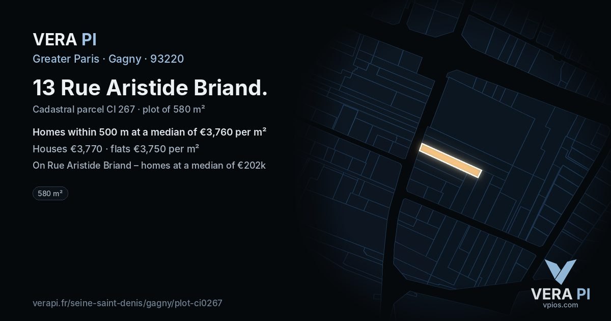 13 Rue Aristide Briand, Gagny at night – the plot lit, the parcels around coloured by the prices near them