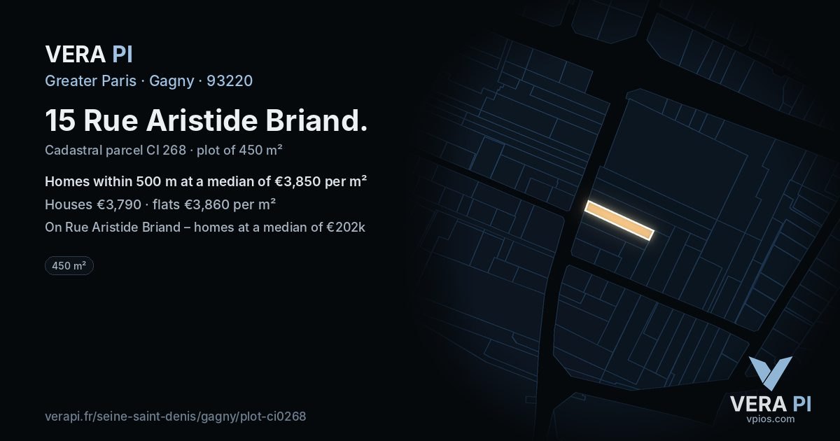 15 Rue Aristide Briand, Gagny at night – the plot lit, the parcels around coloured by the prices near them