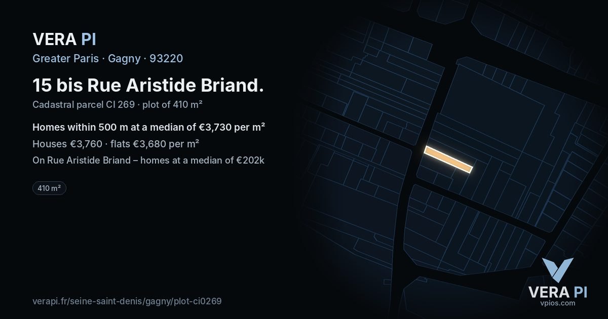 15 bis Rue Aristide Briand, Gagny at night – the plot lit, the parcels around coloured by the prices near them
