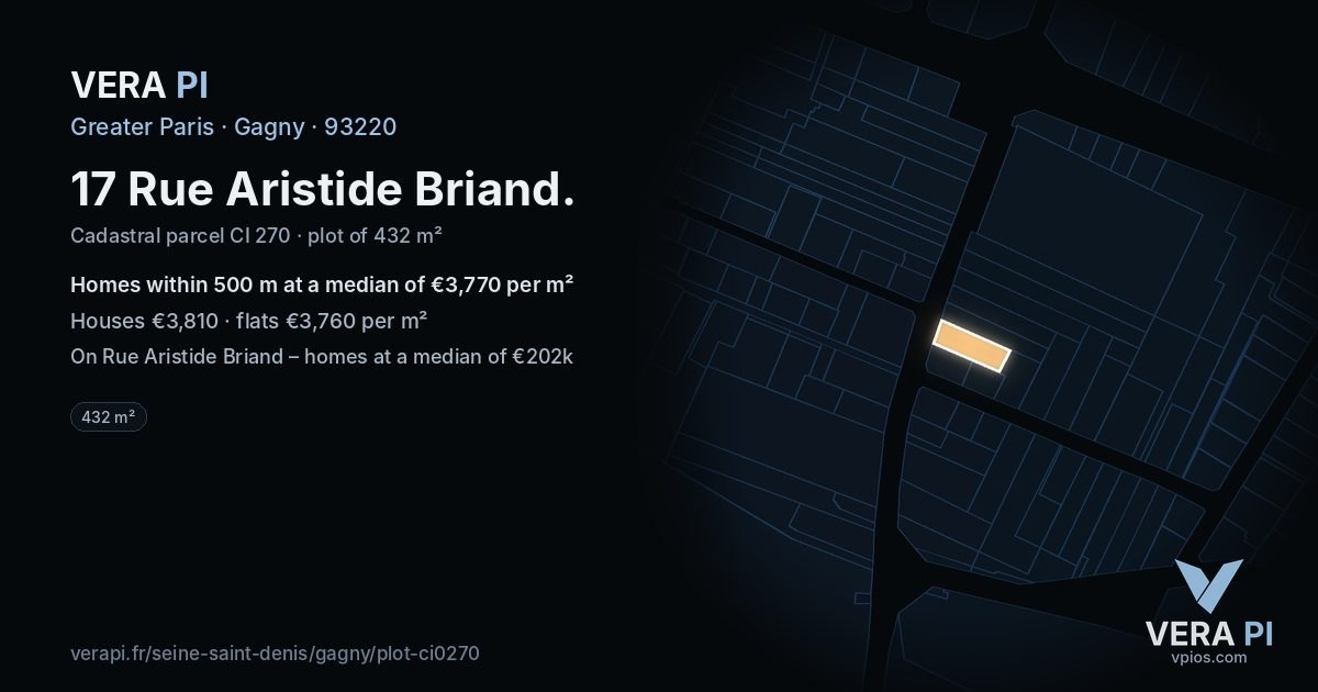 17 Rue Aristide Briand, Gagny at night – the plot lit, the parcels around coloured by the prices near them