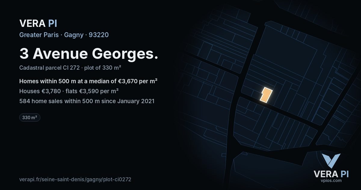 3 Avenue Georges, Gagny at night – the plot lit, the parcels around coloured by the prices near them